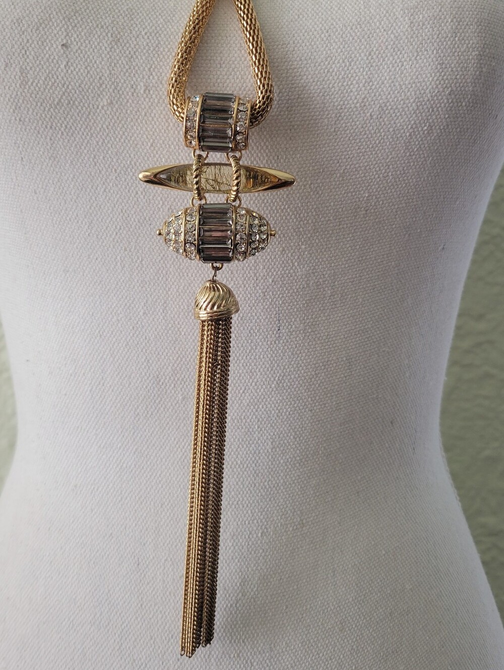 Vintage Mesh Long Necklace Gold Tone Fringe Tassel Pendant Crystal Rhinestone